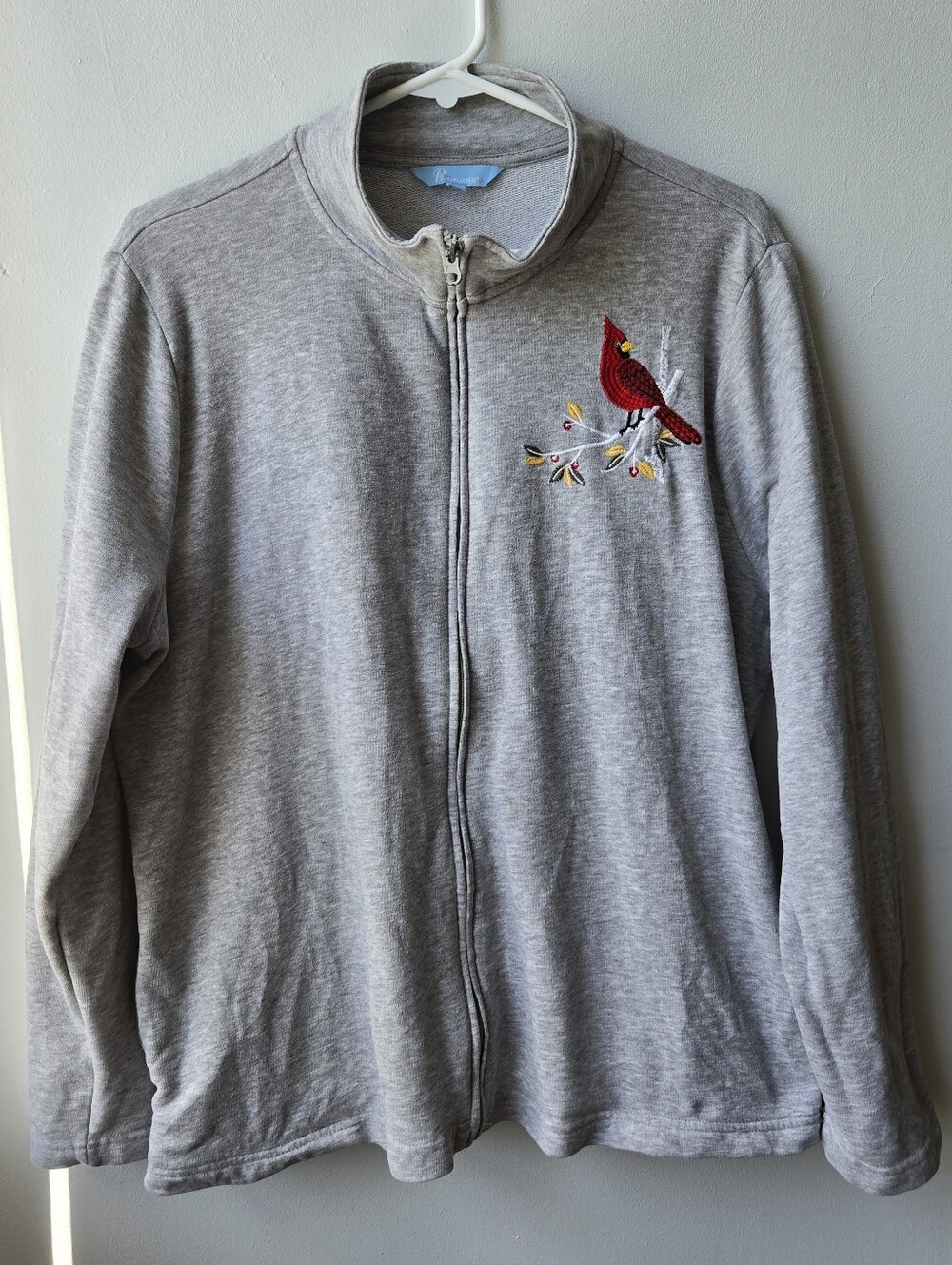 Vintage Penmans Womens XL Gray Full‑Zip Jacket w Red Cardinal Embroidery Grandma